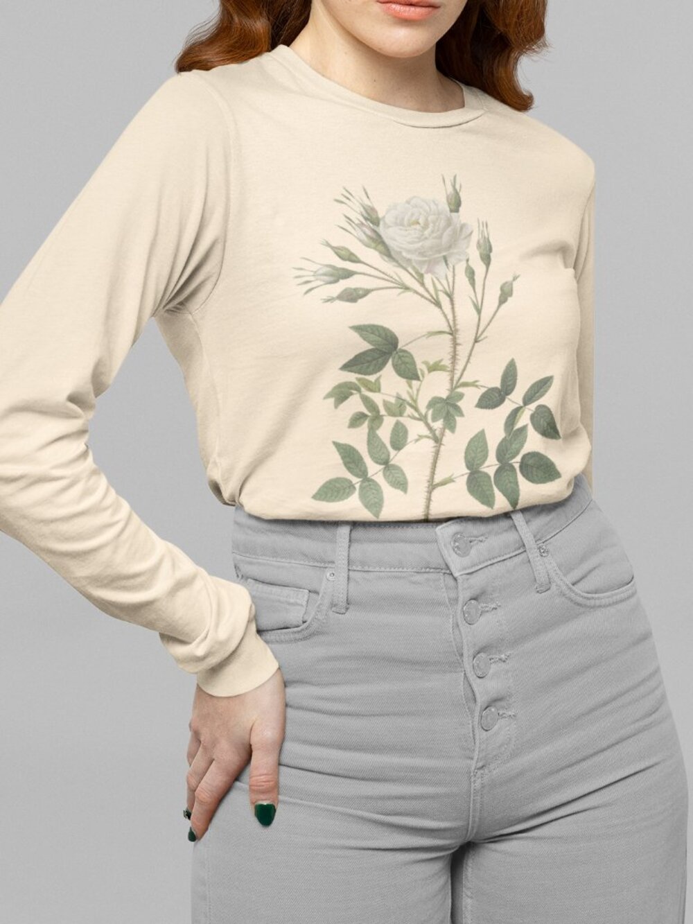 Rose Vintage Floral Print Long Sleeve Graphic Tee T-shirt S-XXL